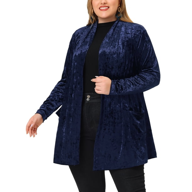 Cárdigans de terciopelo de talla grande Agnes Orinda para mujeres, cárdigan de frente abierto con bolsillos 2X azul marino