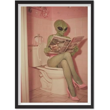 Funny Bathroom Art Print | Alien Poster | UFO Wall Art | Creature on Toilet | 1970s Decor | Weird Artwork | Beam Me up Susie