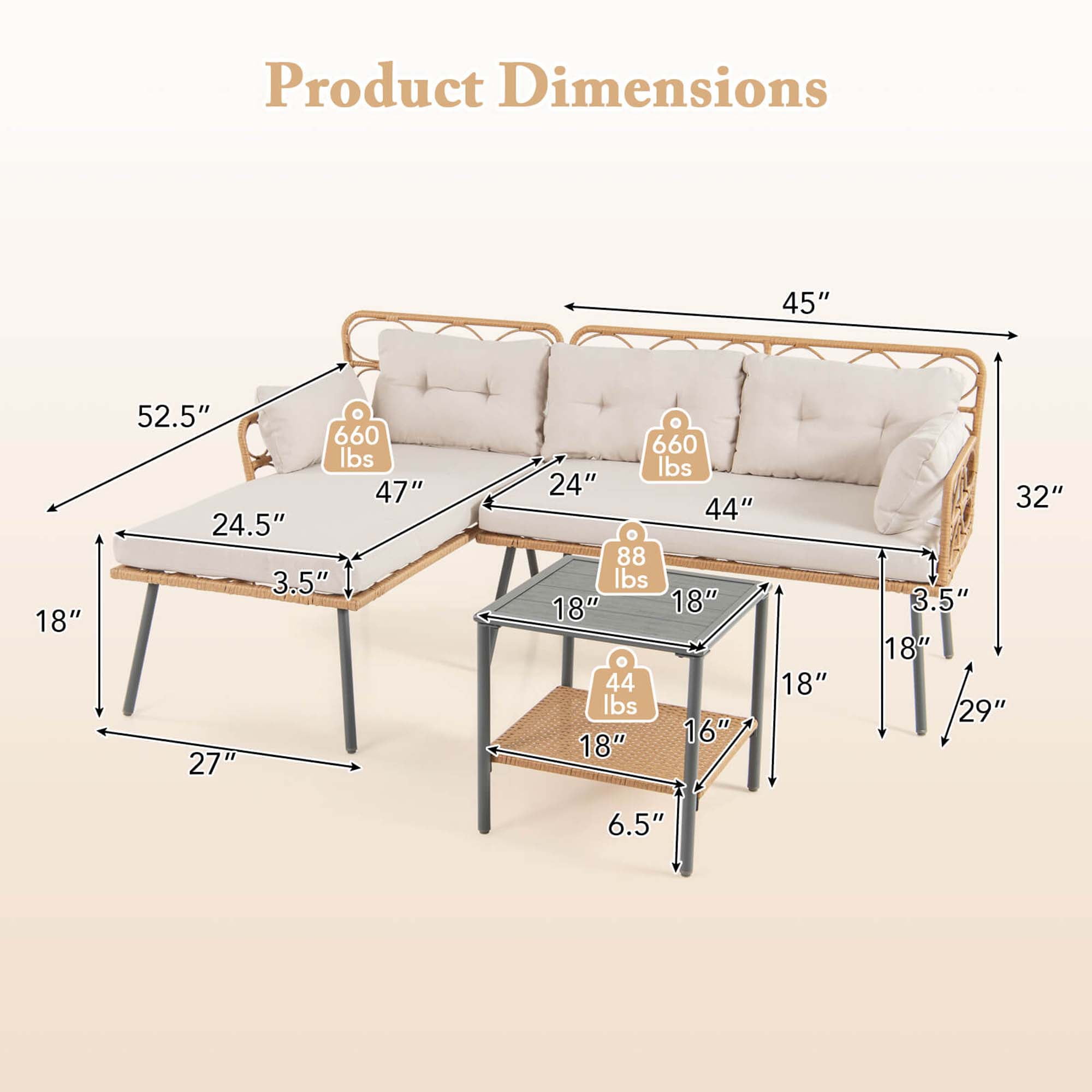 Costway 3 PCS Corner Patio Furniture Cushioned Sofa Set with Small Coffee Table Outdoor