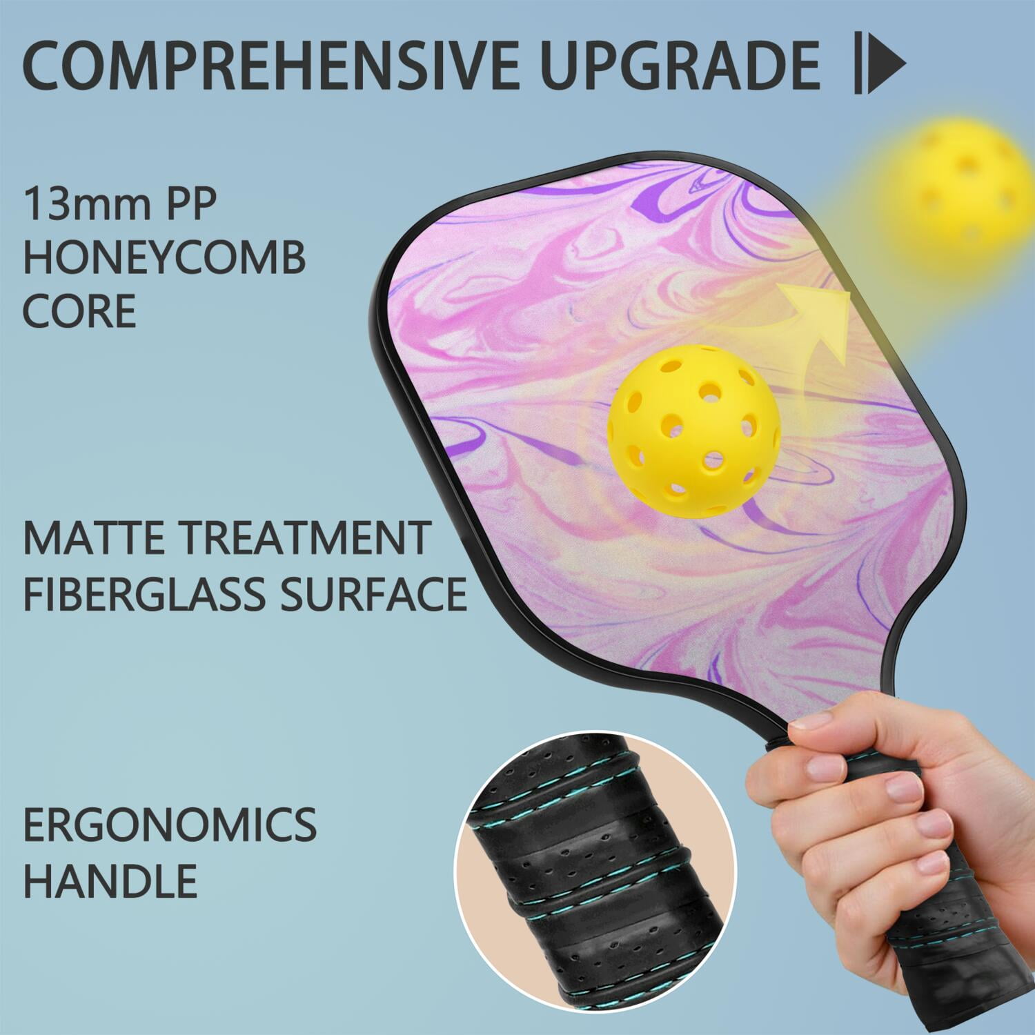 Pickleball Paddles Set Of 1, Fiberglass Surface, Liquid & Marble Print, 1 Paddles, 2 Balls & Bag