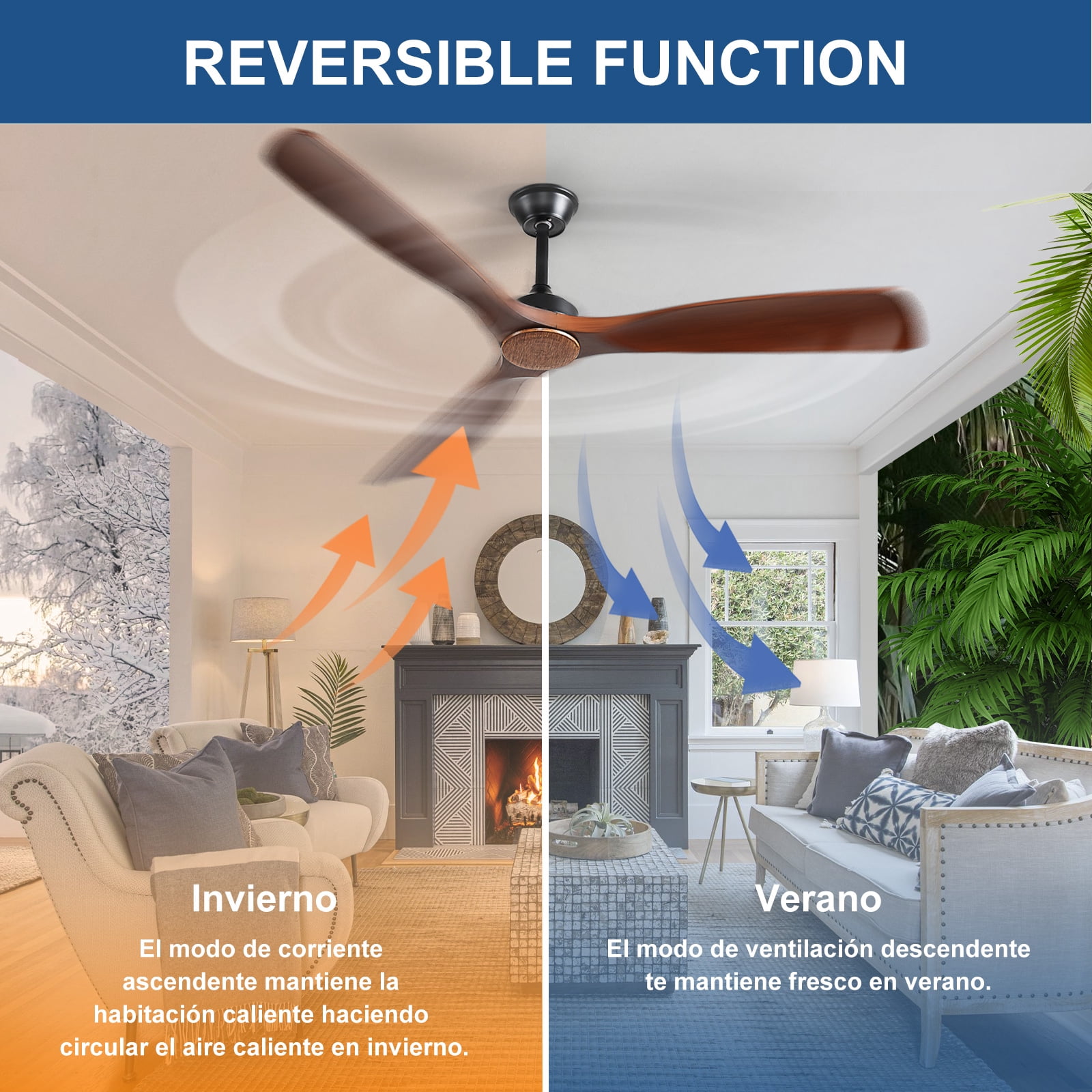 DingLiLighting Ceiling Fan Without Light: 52 Inch Walnut Ceiling Fan No Light Remote APP Control - 3 Blade Ceiling Fans for Indoor Outdoor Ultra Quiet DC Motor Reversible 6 Speed Timer