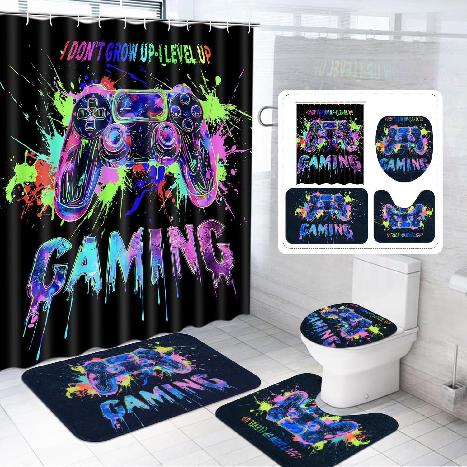 FRAMICS Blacklight Gaming Shower Curtain Sets with Rugs, 16 Pc Videogames Gamepad Bathroom Sets, Waterproof Fabric Bathroom Curtain Decor with Hooks for Boys Kids