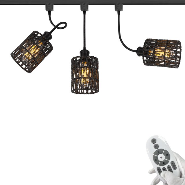 FSLiving Gimbaled LED Track Light,Adjustable Height Halo Track Lighting Pendants, Flexibly Rotatable Goose Neck Head Black Twine Natural Rattan Shade, E26 Smart LED Edison Bulbs for Kitchen Island