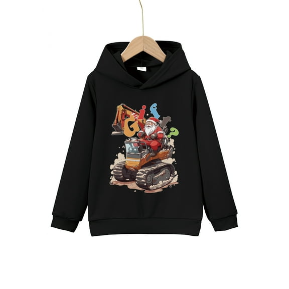 Merry Christmas Santa Claus And Excavator Print Boys Casual Pullover Long Sleeve Hoodies, Boys Sweatshirt For Spring Fall, Kids Hoodie Tops Outdoor