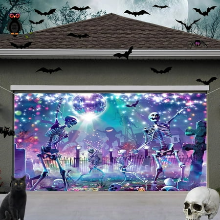 13X6 ft Happy Halloween Dance Party Garage Door Decoration Background Hallowmas Retro 80s 90s Scary Cemetery Skull Theme Backdrop Kids Adult Family Party Banner Cover