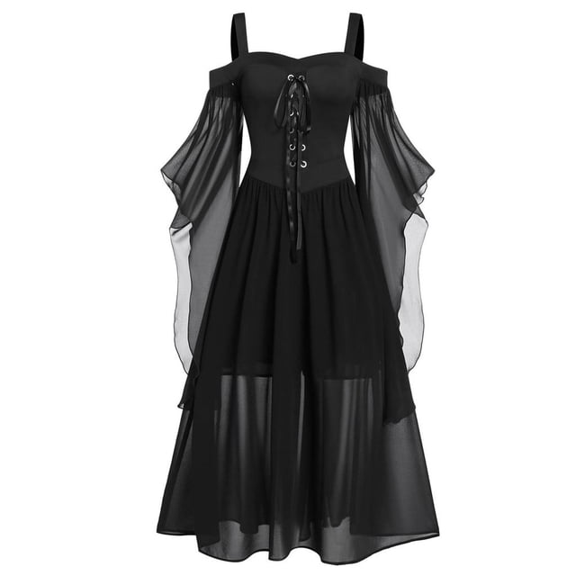 Ersazi Robe à Épaules Dénudées à Manches à Lacets pour Femme Grande Taille Robe en Tulle pour Femmes 2- Robes Noires pour Femmes 5TG