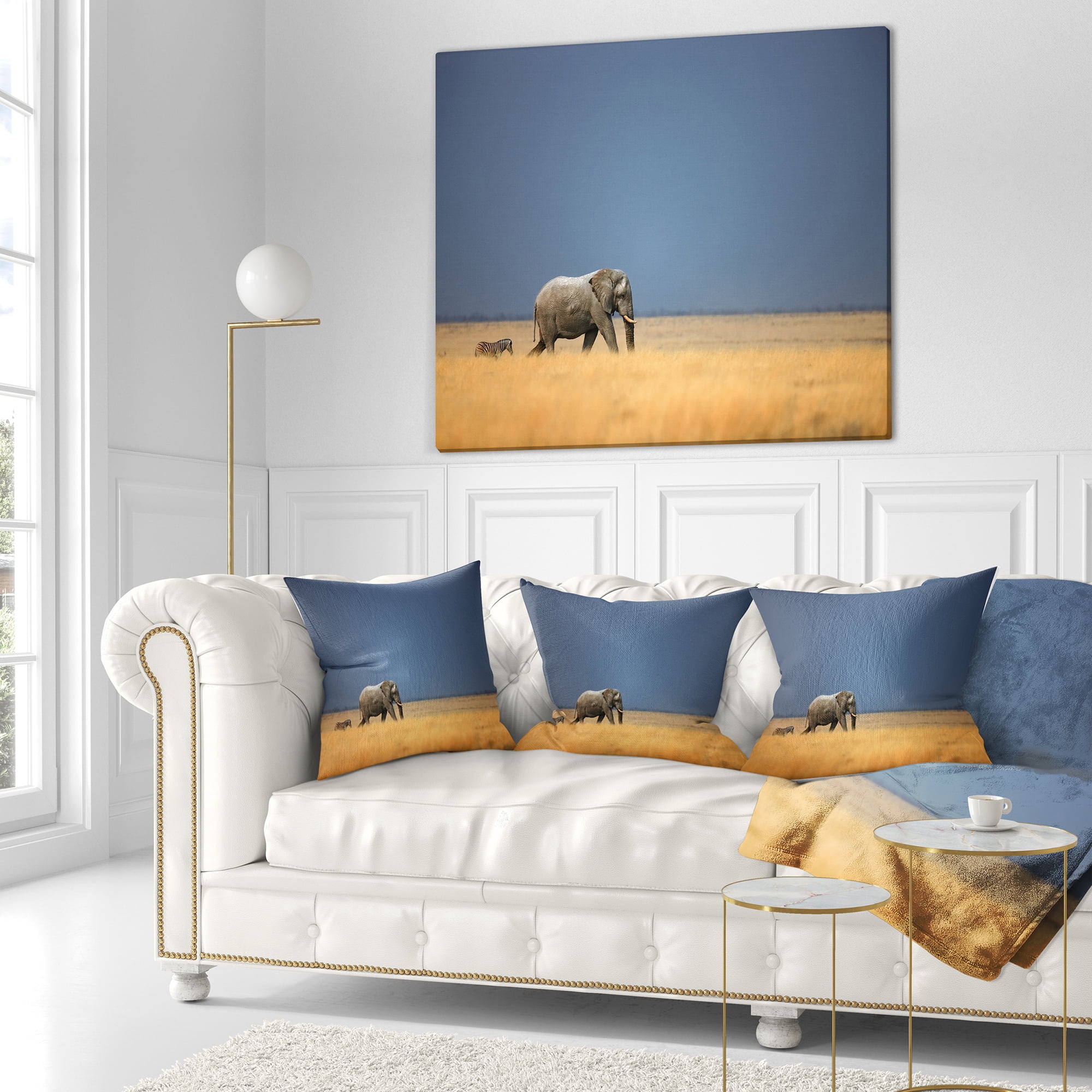 Designart Elephant and Zebra Walking in Bush - African Throw Pillow - 18x18