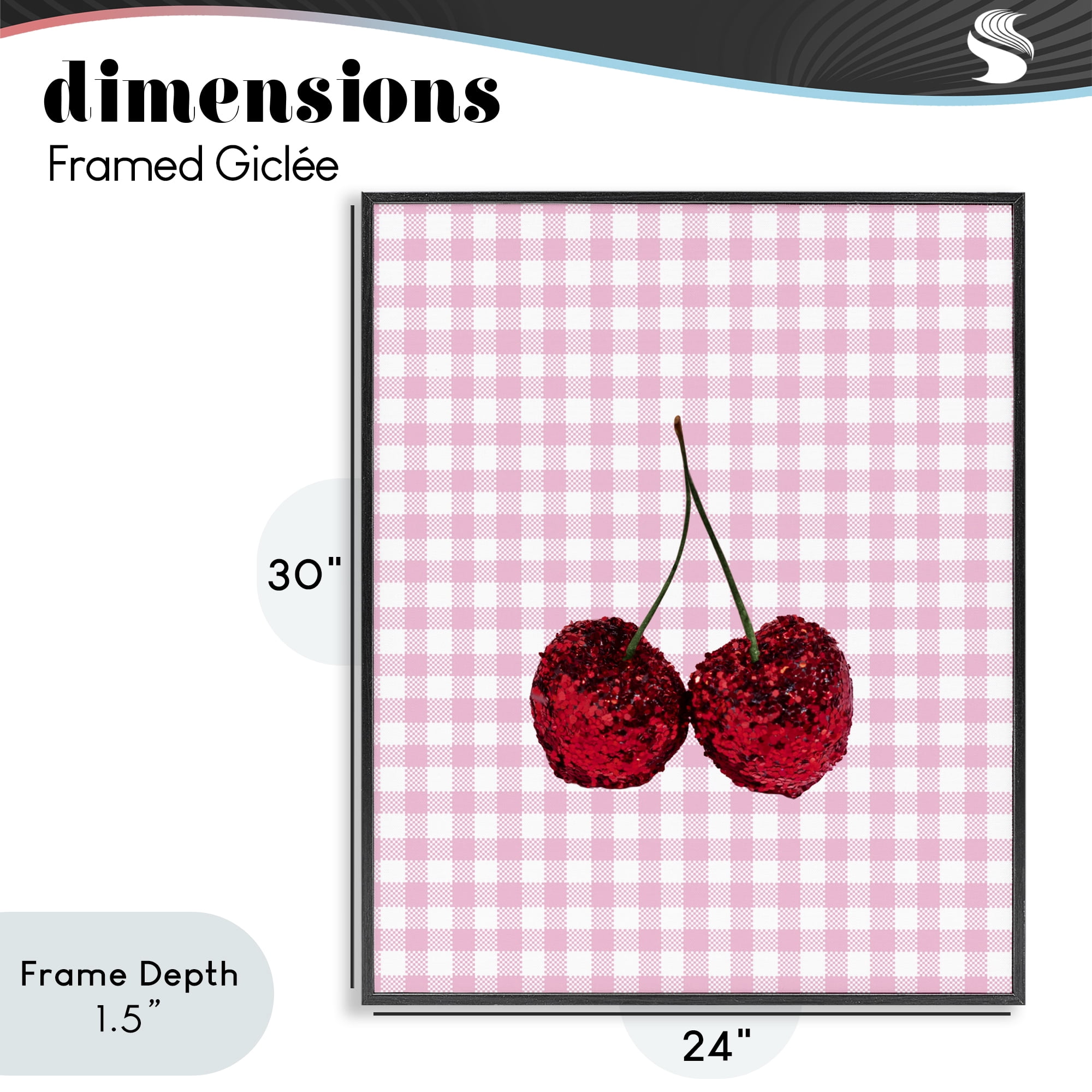 Stupell Industries Glitter Cherry on Pink Gingham Black Framed Giclee Art, design by LISH Creative