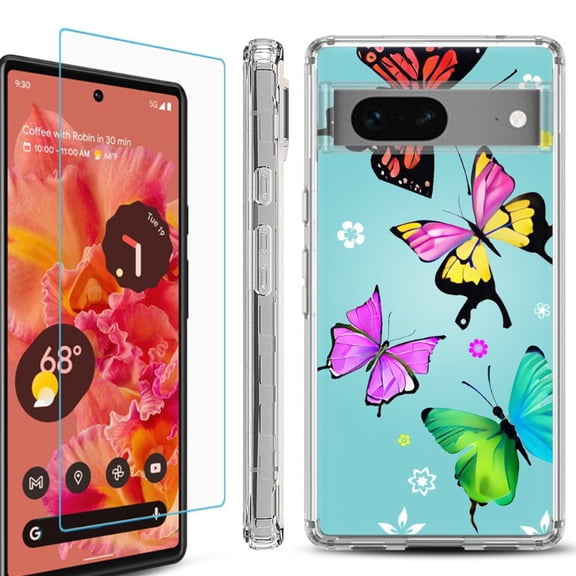 OneToughShield ® Compatible with Google Pixel 8, Shockproof Phone Case, with Tempered Glass Screen Protector - Butterfly