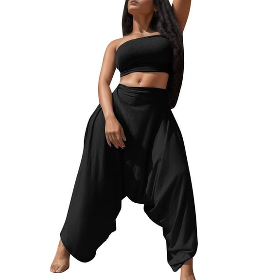 WEIYLL Women Outfits Sets Solid Color Sexy Bandeau Harem Pants Jump Black Fall Outfit Suit ,size XL