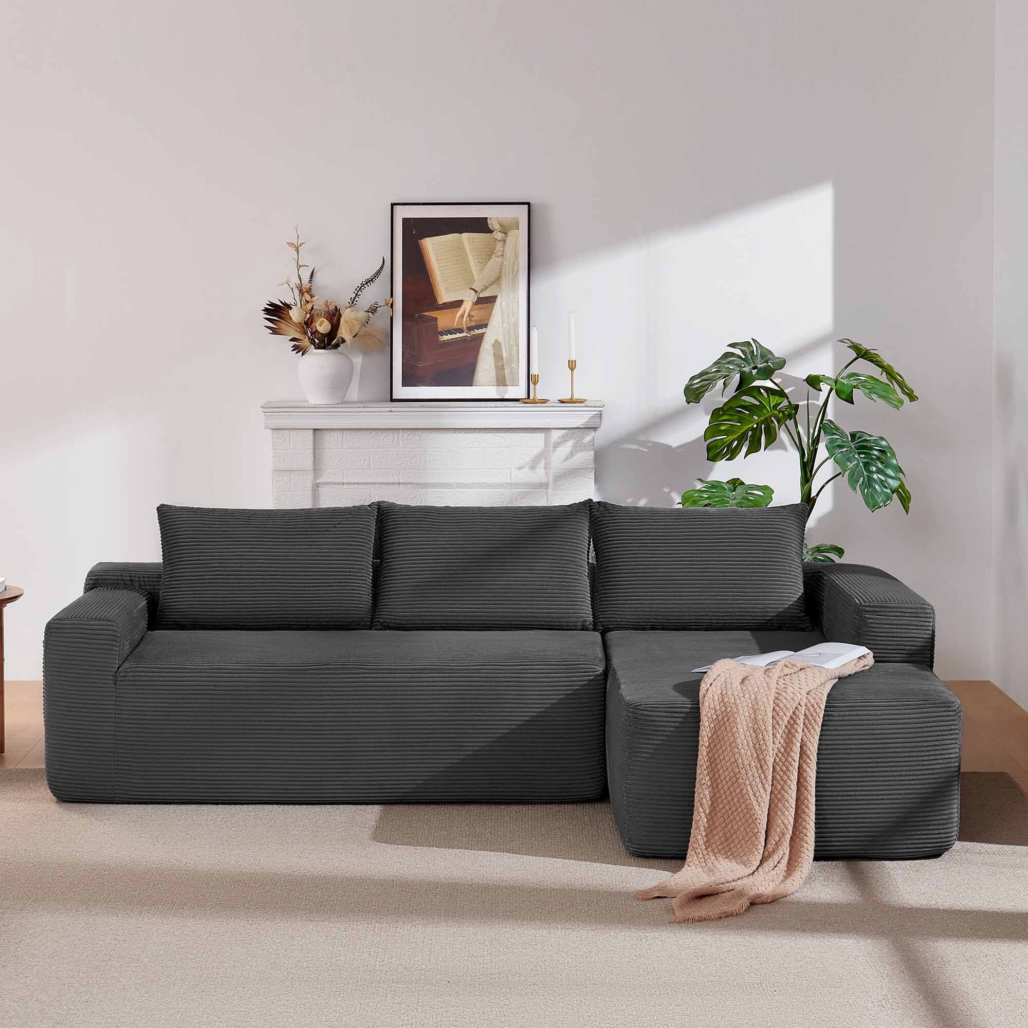 Lunale L-Shaped Modular Sectional Sofa with Movable Chaise, 3-Seater Boneless Cloud Couch for Living Room, Gray(Right Facing Chaise)