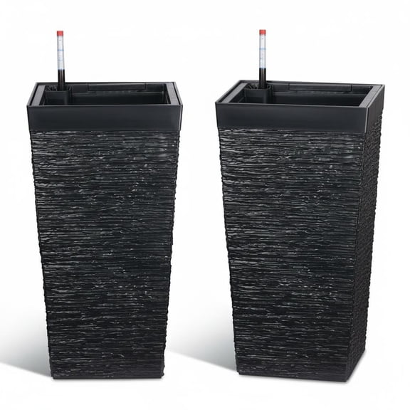 Self-Watering Planters Set of 2 – 22.5" Tall Large Flower Pots with Water Level Monitor & Drainage Holes – Indoor Outdoor Garden Containers – Removable Tray – Direct Plastic Style, Black, 2-Pack