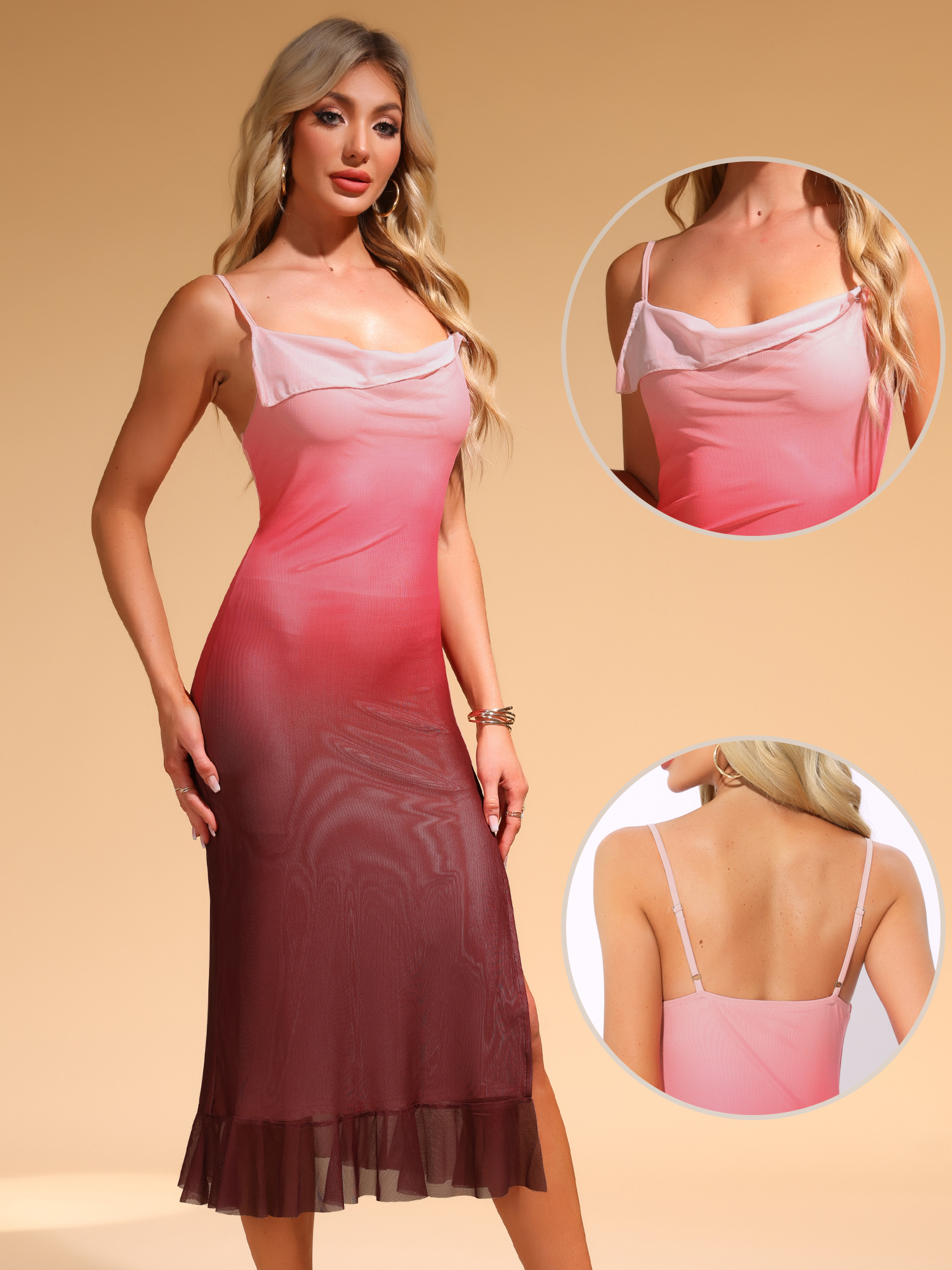 DARING DIVA Spaghetti Strap Maxi Mesh Cowl Neck Stretchy Flowy Dress XL Pink