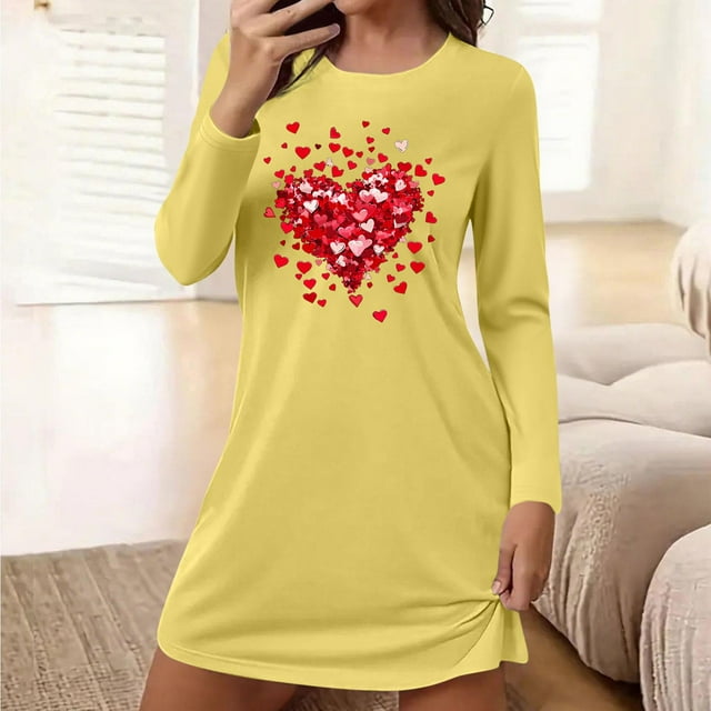 Camisón corto holgado y cómodo con cuello redondo y manga larga estampado para mujer