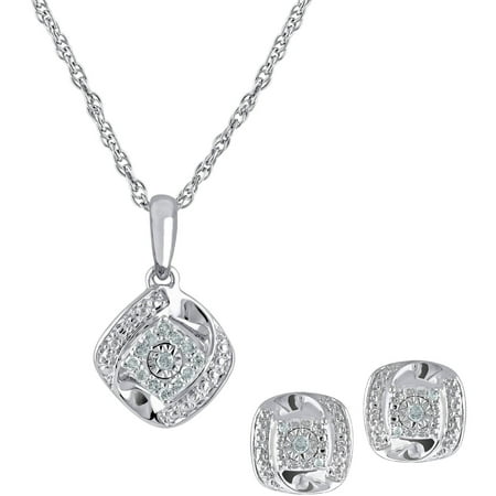 1/10 Carat T.W Diamond Sterling Silver Cushion Pendant and Earring Box Set, 3 Piece