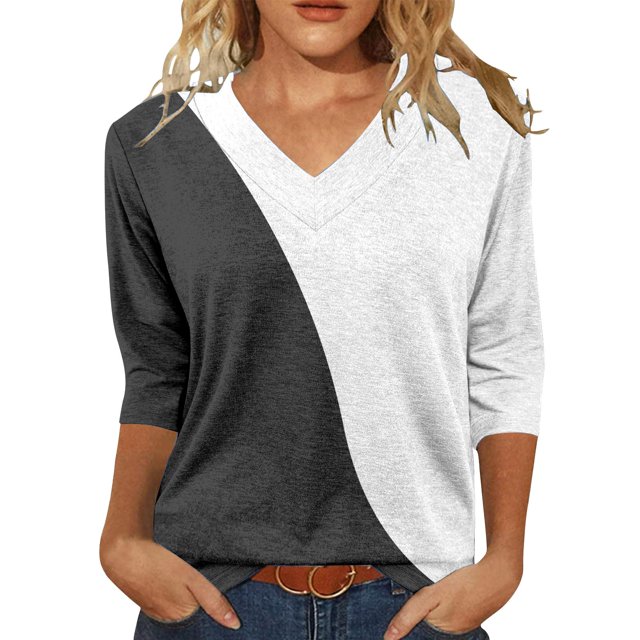 WZXFASHION Hauts pour Femmes Manches 3/4 Été Col en V Chemises Tunique Décontractée 2025 50 % de Réduction Liquidation T-shirt Manches Longues pour Femmes