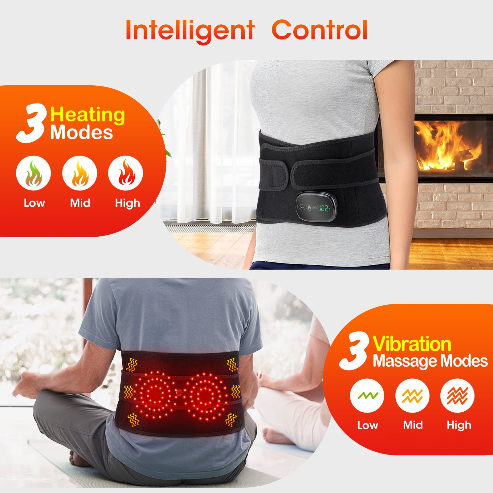 Cordless Heating Waist Belt, Heating Pad for Back Abdominal Pain Relief, Lower Back Massager 3 Vibration Modes & 3 Heating Levels 5000mAh Heated Back Massage Support Belt, Gifts for Men Women, Black