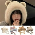 thumbnail image 2 of Opolski Women Plush Hat with Cute Bear Ears Soft Fuzzy Warm Thick Lace up Windproof Strap Autumn Winter Outdoor Cycling Girls Ear Cap Gift Choice Khaki, 2 of 8