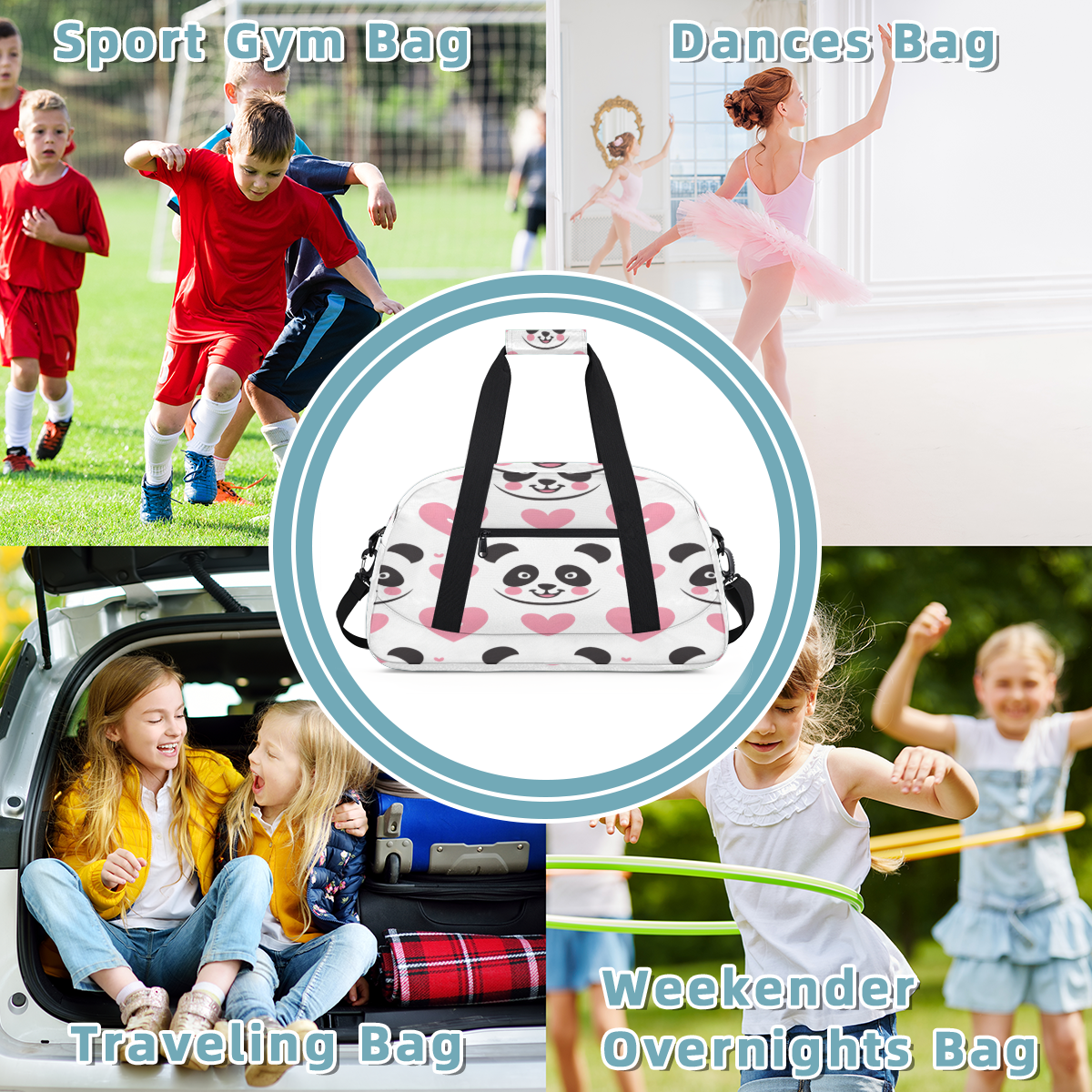 Herdesigns Cute Pandas Sports Duffle Bag for Women & Men, Pink Heart Gym Bag Dance Bag Overnight Bag Carry On Weekender Travel Bag