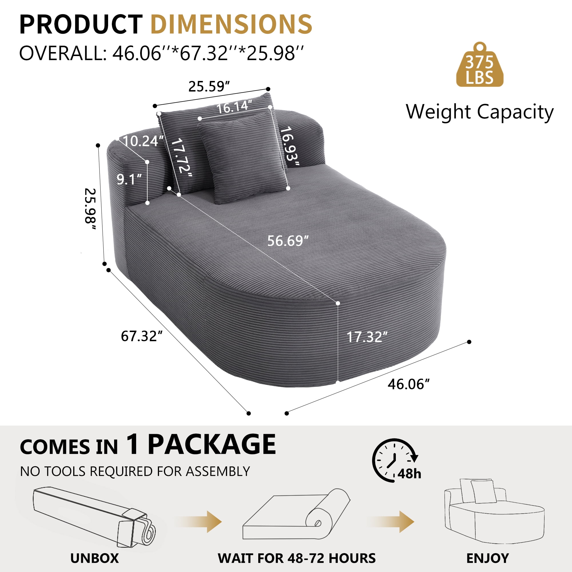 Leumius Chaise Lounge Chair Indoor,Upholstered Sofa Bed with Soft Pillows,Convertible Boneless Sofa Bed for Living Room,No Assembly Required,Dark Gray