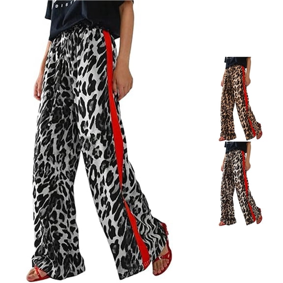 Trendfront Womens Leopard Print Wide Leg Pants Elastic Drawstring Waist Red Side Stripe Cheetah Print Full Length Loose Fit Casual Bottoms
