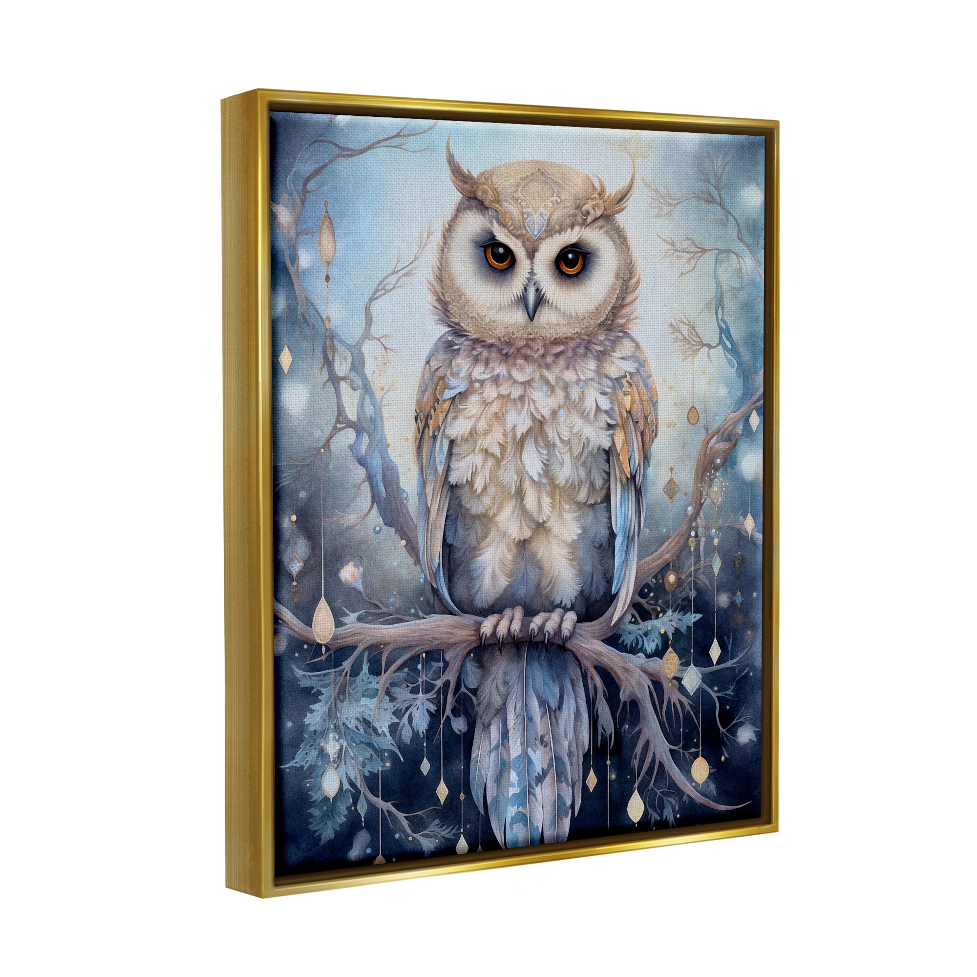 Stupell Industries Owl on Twinkling Branch Animals & Insects Painting Gold Floater Framed Canvas Art Print Wall Art, 25 x 31