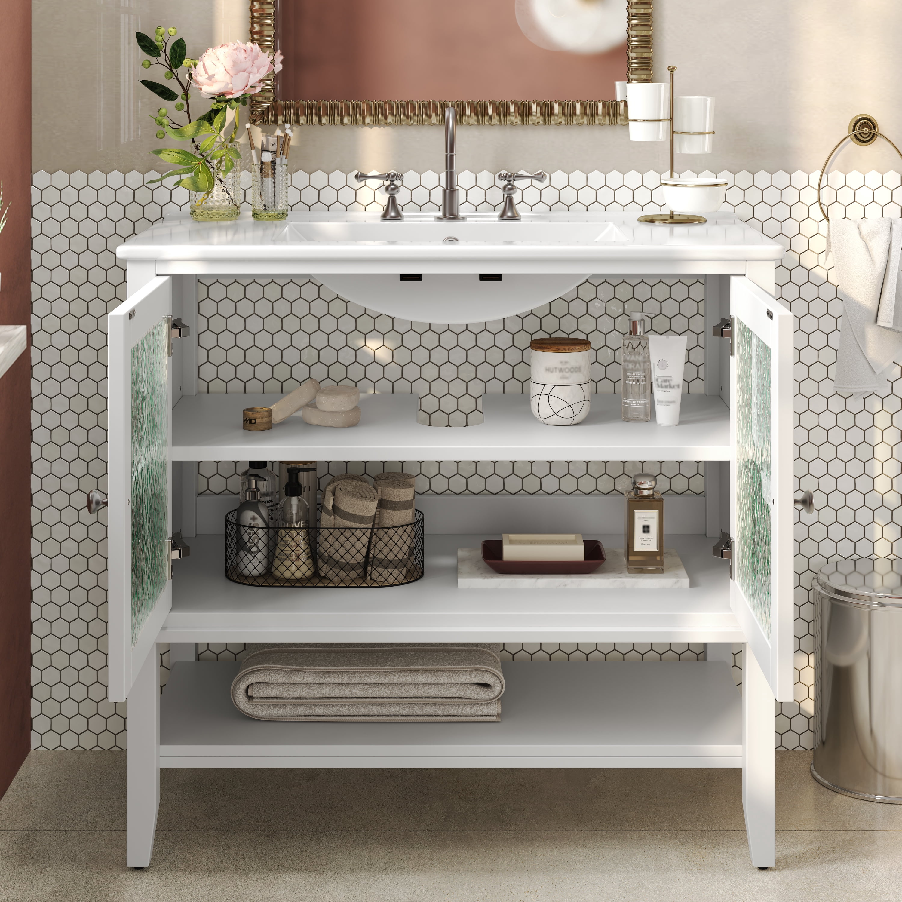 Euroco 36" Bathroom Vanity with Ceramic Sink, Textured Glass Doors, Solid Wood Legs, and Open Shelf – Modern Storage Solution