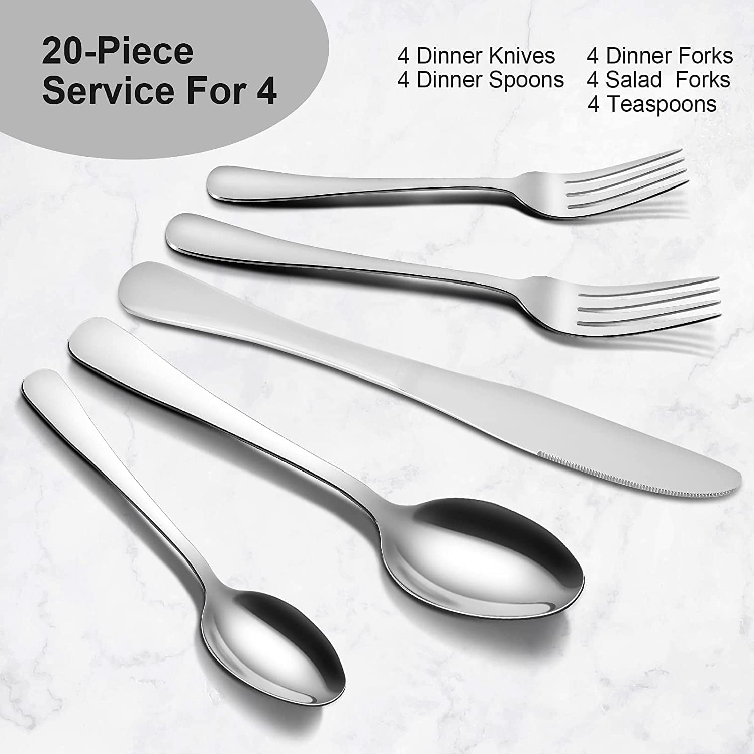 Silverware Set for 4-20 Piece Cutlery Set Stainless Steel Flatware Silverwear Set Brushed Stainless Steel Flatware Set Spoons and Forks Set Stainless Steel 18/10 Flatware Set 