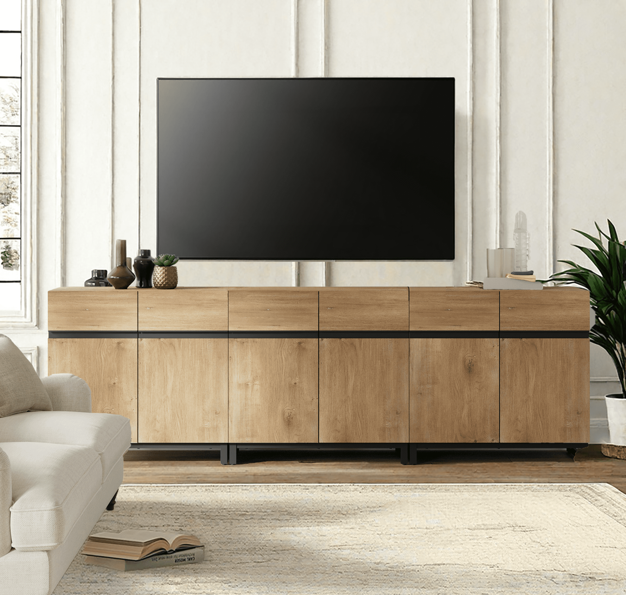 WAMPAT 94.5" TV Stand with Doors,Modern TV Stand for TVs up to 110 Inch,3 Packs Wood Entertainment Center with Adjustable Shelves & Metal Base.