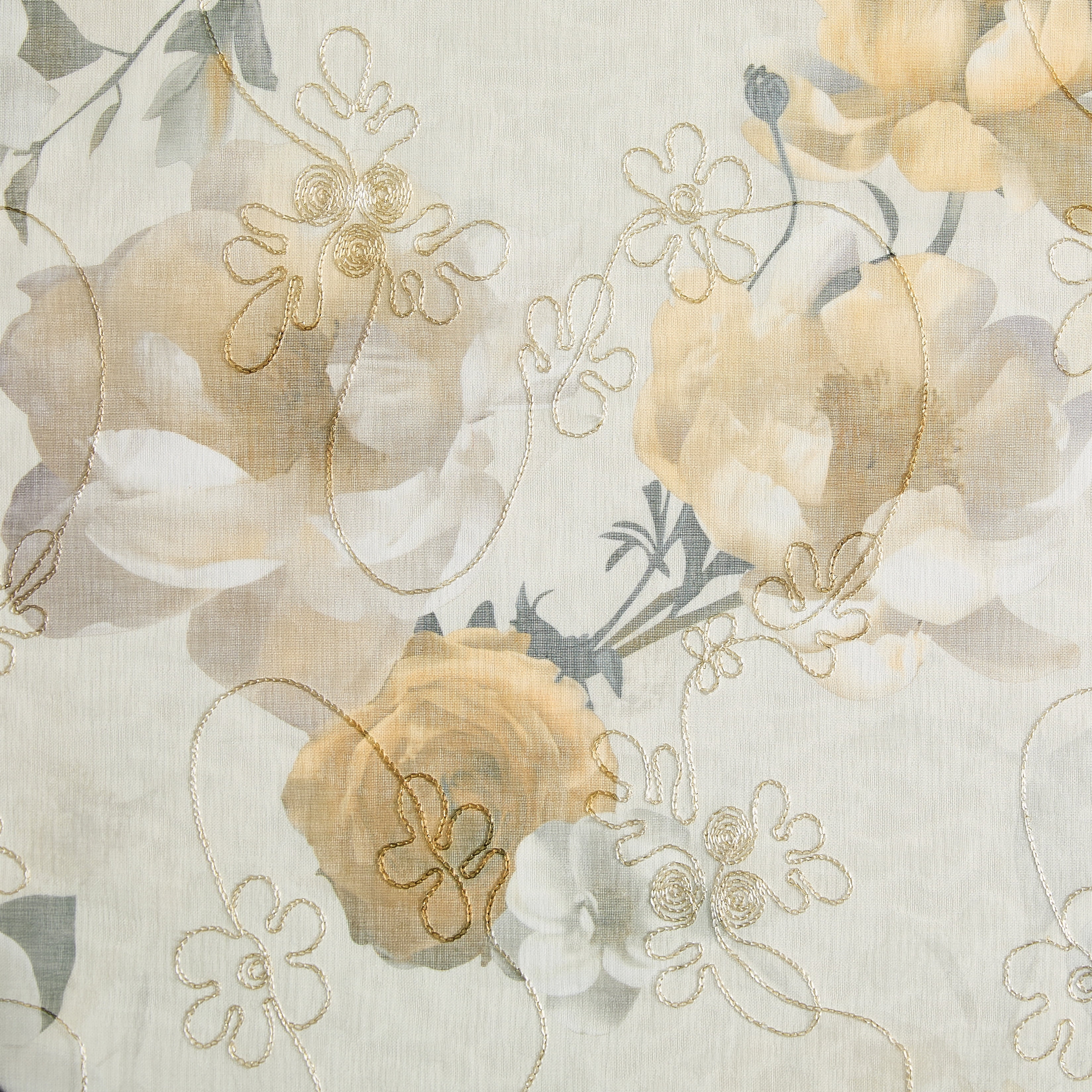 Muuphra Floral Printed&Embroidered Sheer Curtain Rod Pocket Voile curtain for Bedroom Livingroom,2 Panels,Yellow,52×63"
