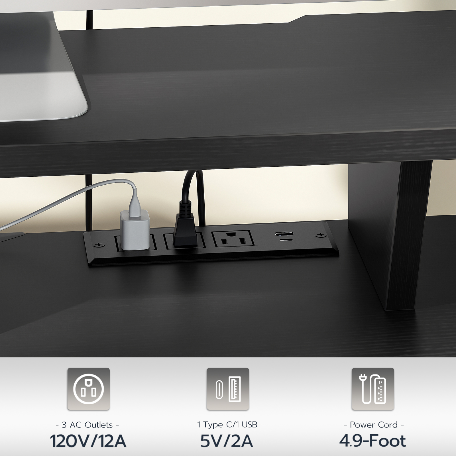 Adjustable Standing Desk with Charging Station - 3 Memory Presets Monitor Shelf Black Gray