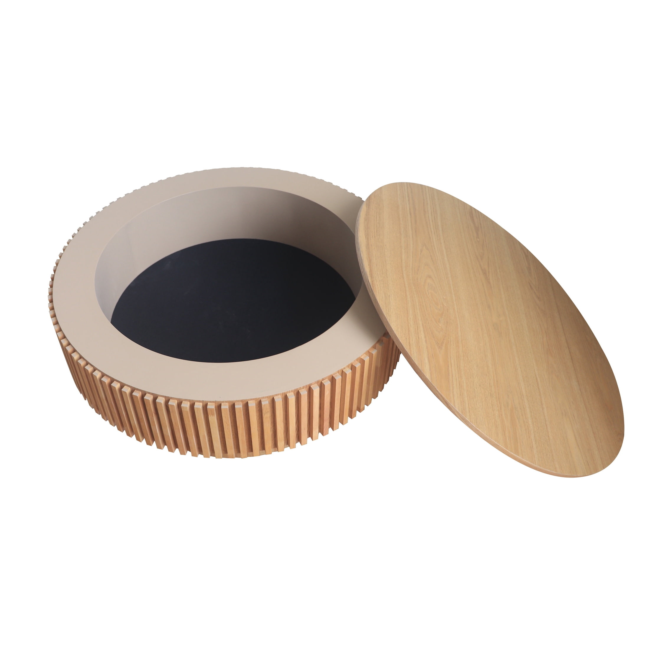 Noble House Leigh 31.5'' Round Modern Coffee Table with Hidden Storage, Solid Wood Veneer, Accent Tea Table, Natural