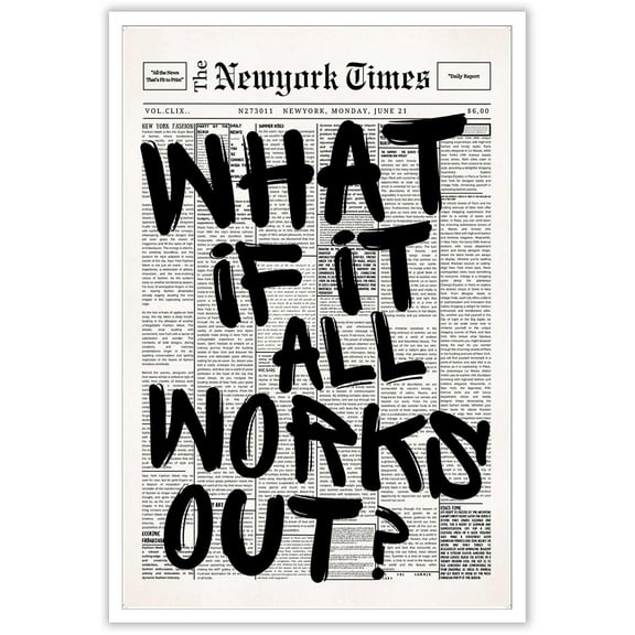 Retro Black And White Newspaper Poster What If It All Works Out Canvas Wall Art Positive Affirming Quote Minimalist Prints Painting For Home Bedroom Dorm Wall Decor Perfect holiday gift