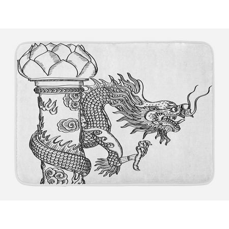 Dragon Bath Mat, Chinese Style Sacred Creature Statue Sketch Medieval Monster Fantasy Tattoo Image, Non-Slip Plush Mat Bathroom Kitchen Laundry Room Decor, 29.5 X 17.5 Inches, Black White,