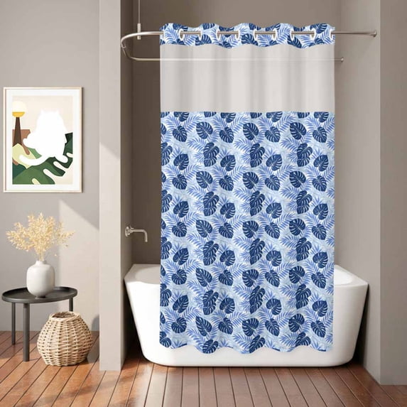 No Hook Shower Curtain, Monstera Leaves Shower Curtains for Bathroom with See Through Top Window, Summer Rustic Pastoral Palm Leaf Blue Waterproof & Washable Bath Curtain Stand Up Stall 36"x72"