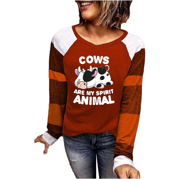 Camisetas estampadas de vacas sueltas divertidas vintage de manga larga con cuello redondo para mujer Fridja FKASFK365