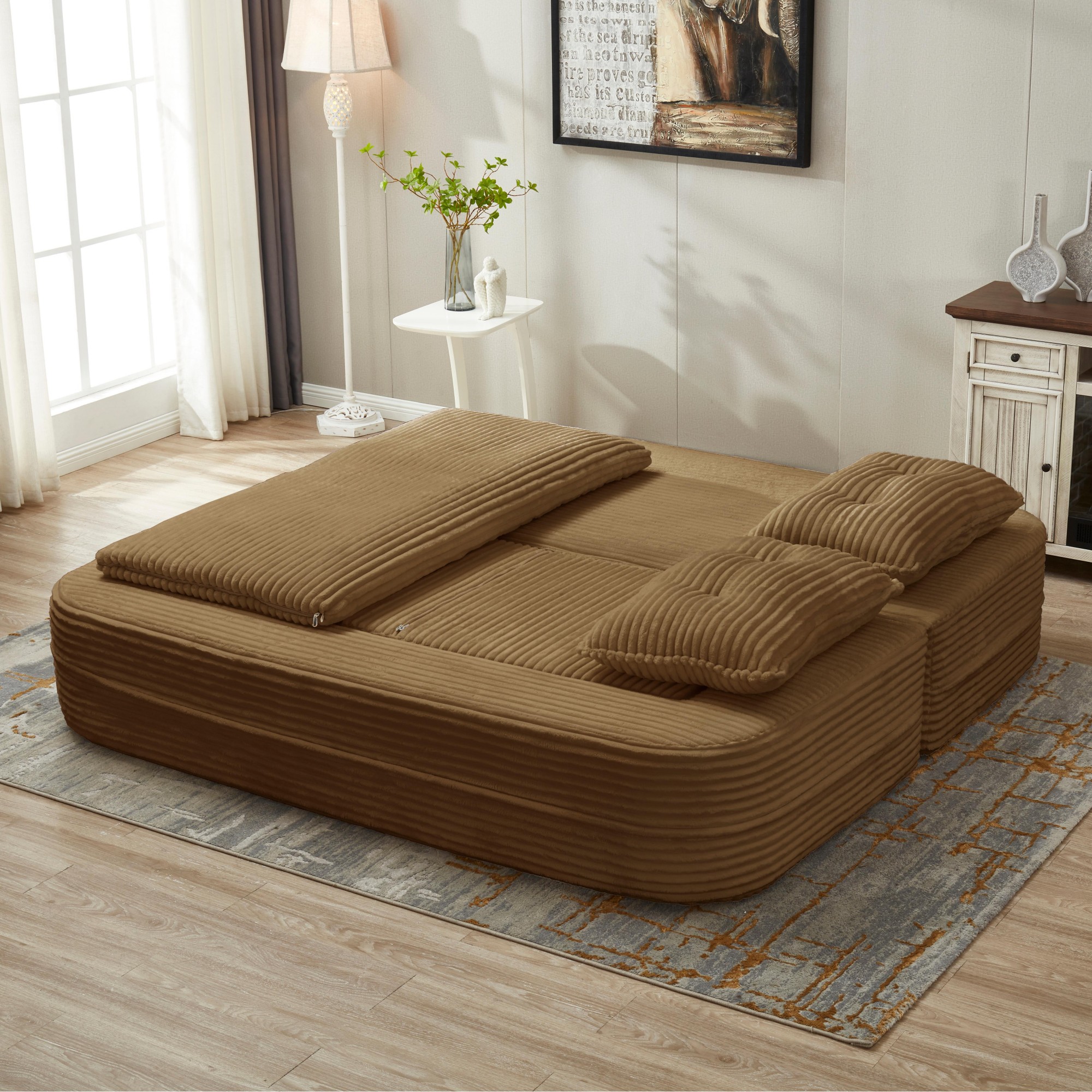 80" King Size Convertible Sleeper Sofa Bed with Independent Chaise Lounge,Multifunctional Plush Corduroy Sectional Sofa Couch for Living Room,Bedroom,Camel