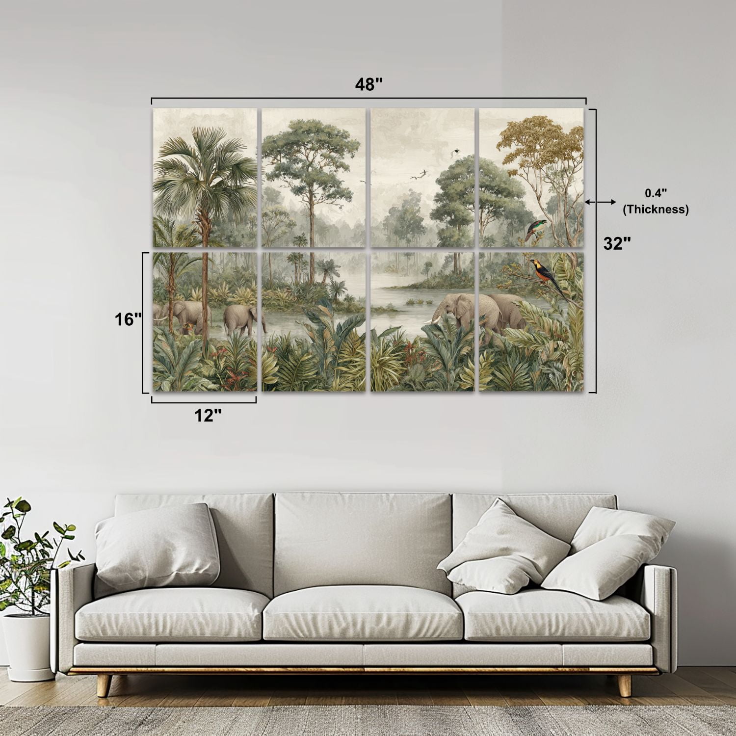 8 Pack Art Acoustic Panels Sound Absorbing Serene Tropical Jungle Scene Elephants Birds Decorative Soundproof Wall Panels Self Adhesive for Nursery Game Room Bedroom 48"x32"