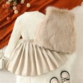 thumbnail image 6 of Wuxian Toddler Fall Outfit Fashionable Fuzzy Vest Long Sleeve Top With Leather Pleated Skirt 3 Piece Stylish Suit Girls Cute Clothing Set,Beige,2-3 Years, 6 of 9