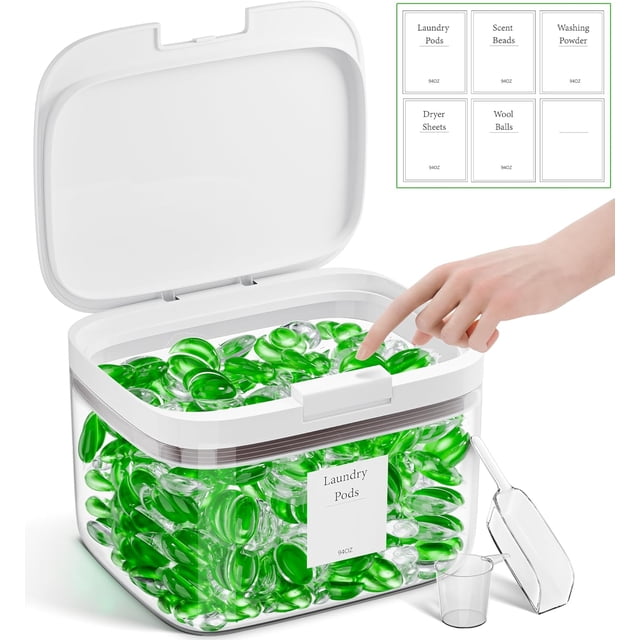 Hordely 94OZ Laundry Pods Container, Clear Dishwasher Pod Container Holder Storage Dispenser, Laundry Room Organization for Dryer Sheet/Powder with Scoop and Labels, Plastic