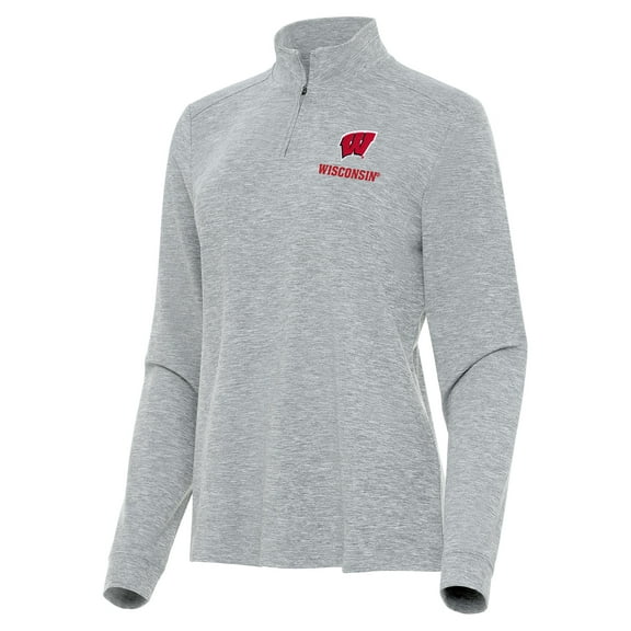 Women's Antigua  Heather Gray Wisconsin Badgers Mentor Long Sleeve Quarter-Zip Mock Polo