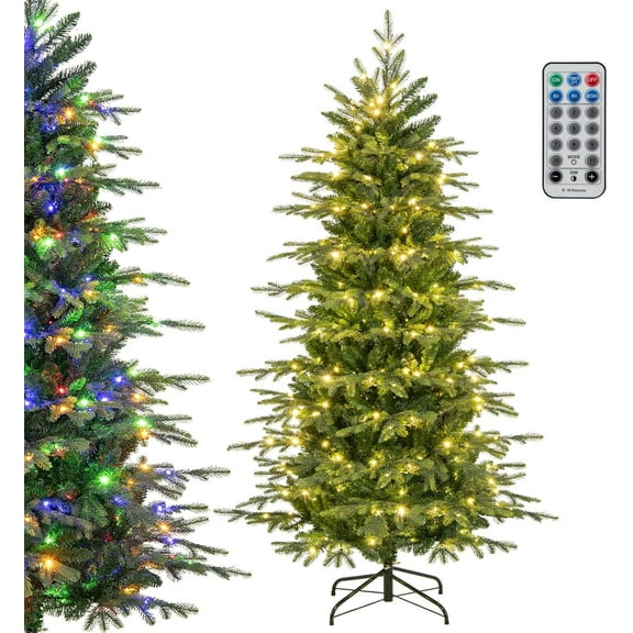 DORTALA 6 FT Pre-Lit Christmas Tree, Green Hinged Artificial Full Xmas Tree with 260 Multicolored & Warm White LED Lights, 11 Modes, Remote Control, 714 PVC & PE Branch Tips, for Home Office Party