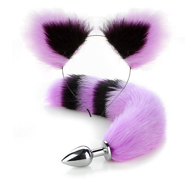 sm divertido tapón anal de cola de zorro enchufe de metal para patio trasero suministros para adultos juguete traje de cola artificial jugando cola púrpura negro 2 barras + oreja negra punta púrpura XianweiShao 1327537317807