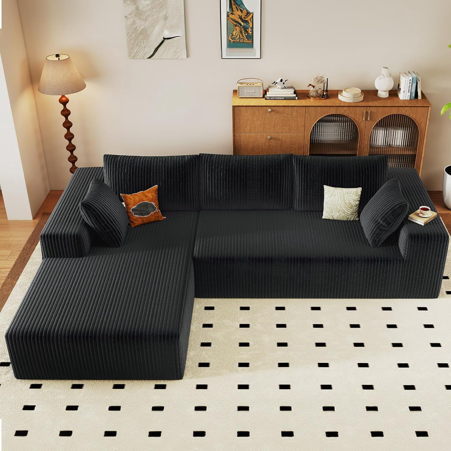 ODUWA 96" L-Shaped Sectional Sofa with Chaise, Corduroy Upholstery, No Assembly, Black