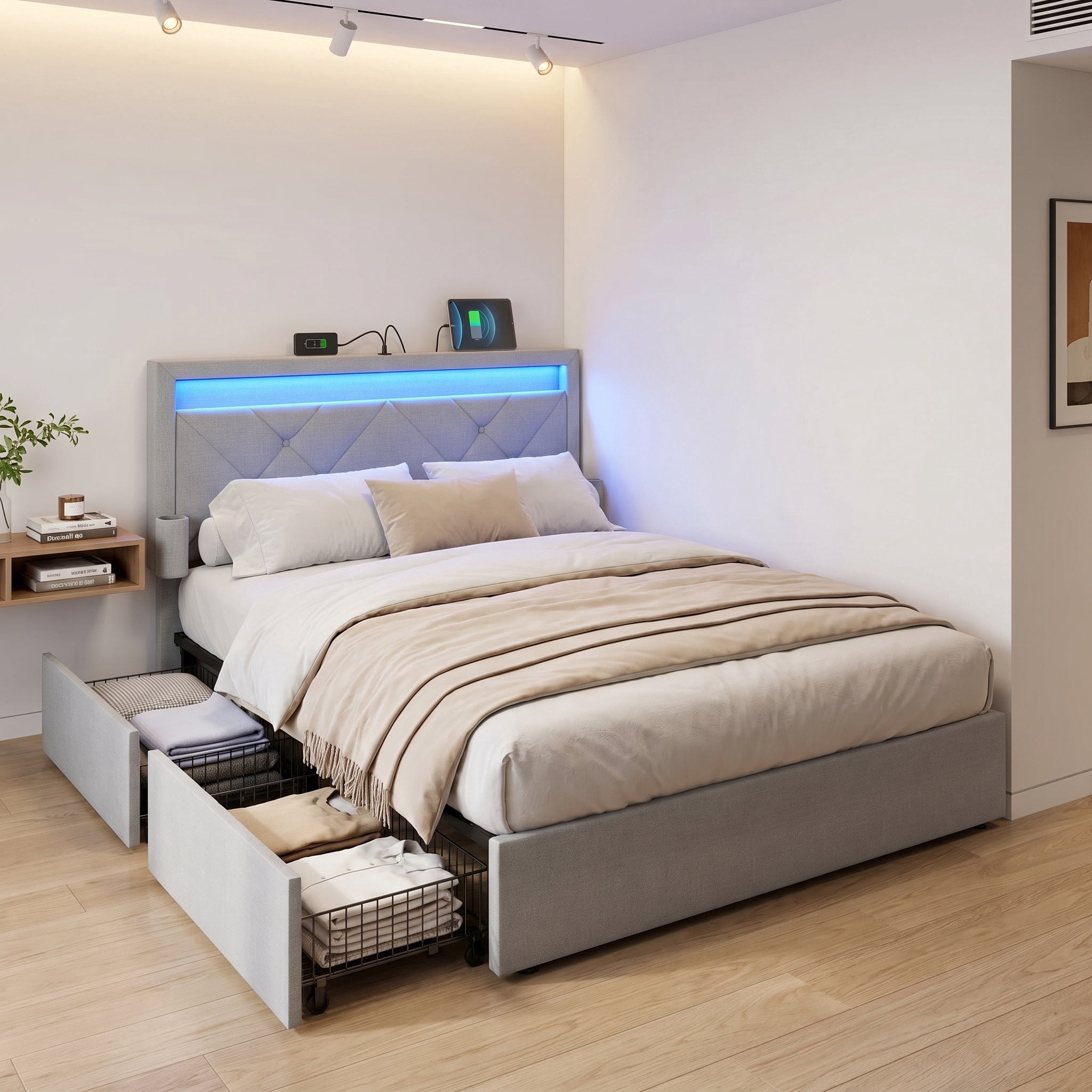 Full Size Light Gray Upholstered Platform Bed Frame with LED Headboard, 4 Drawers, and Built-In Charging Station