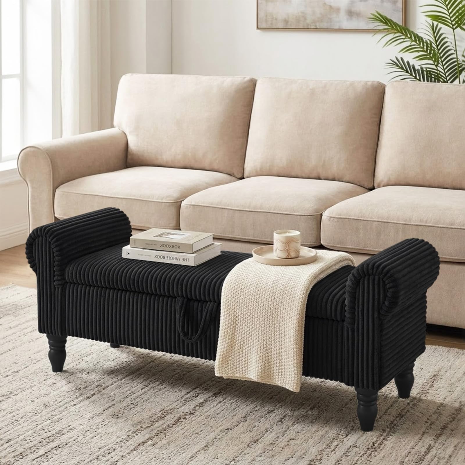 51.5" Storage Ottoman Bench, Upholstered Corduroy End of Bed Bench with Hidden Storage for Bedroom, Entryway & Living Room, Black