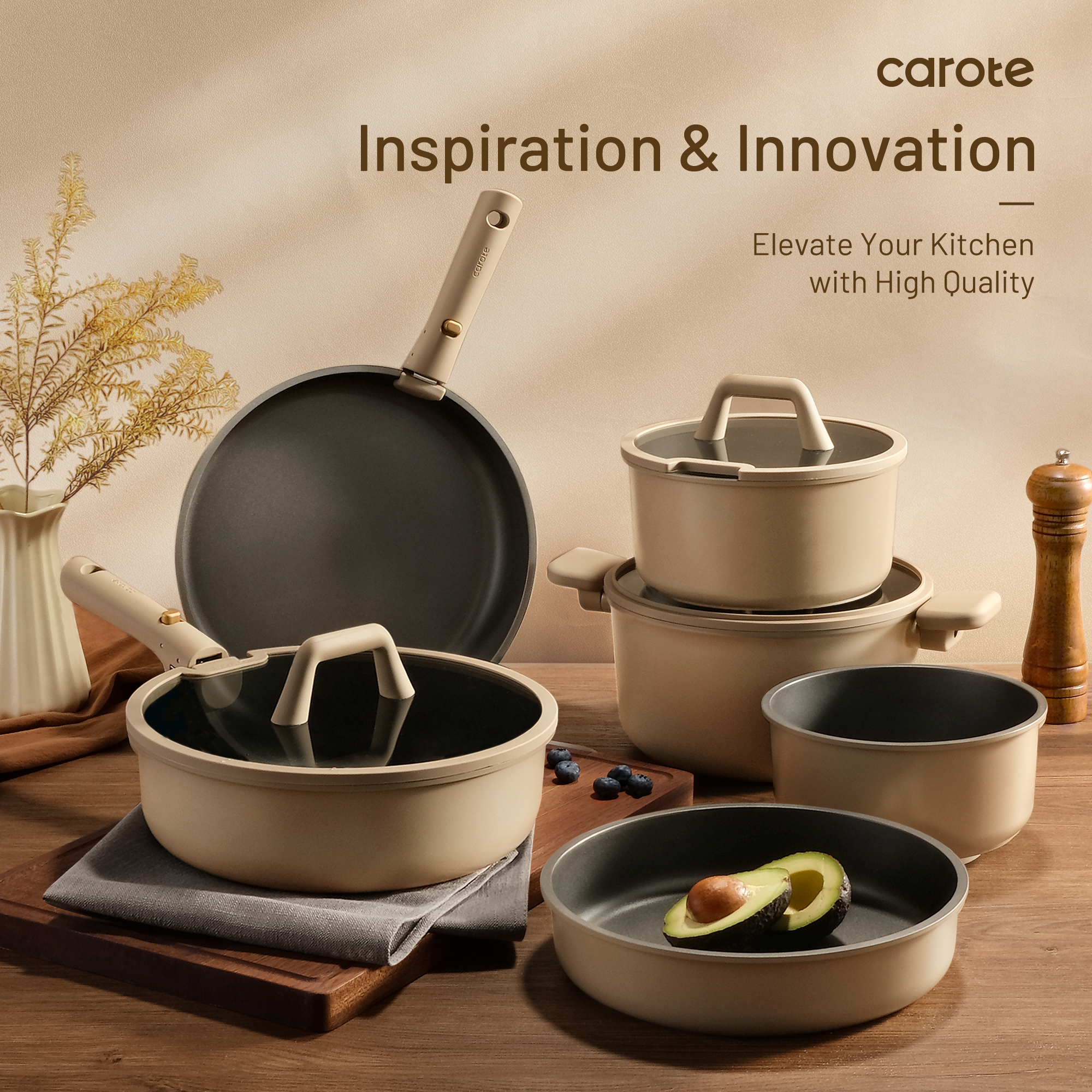 CAROTE 21-Piece Nonstick Cookware Set with Detachable Handle, Pots and Pans Set, Oven/Dishwasher Safe, Brown