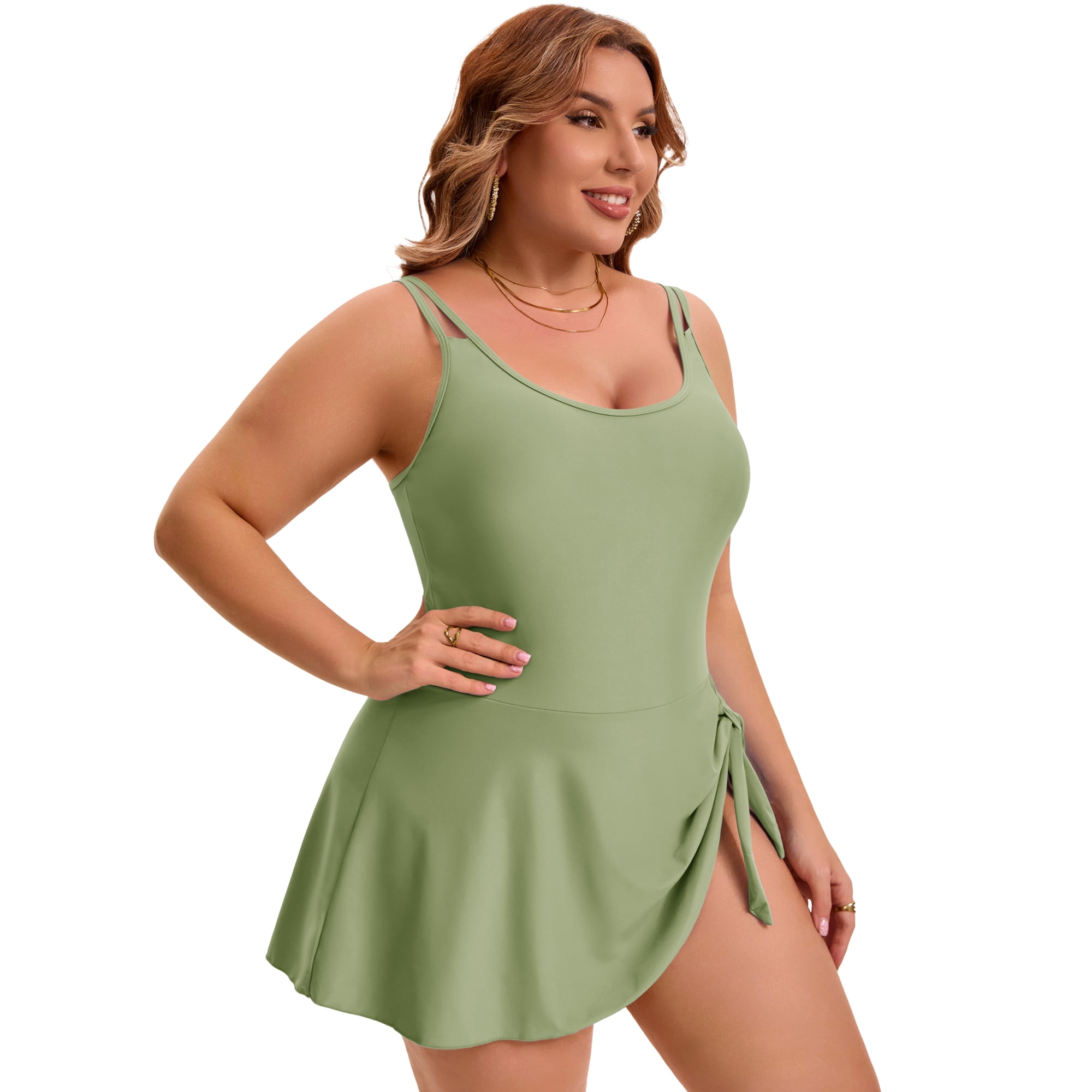 DARING DIVA Women's Plus 1 Piece Tummy Control Push Swimdress L Army Green