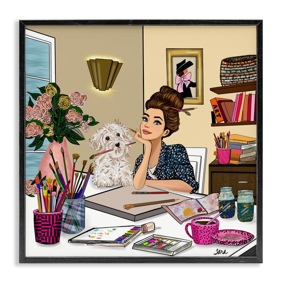 Stupell Industries Contemporary Creative Art Girl at Desk Black Framed Giclee Art, 12 x 12, by Tara Boone