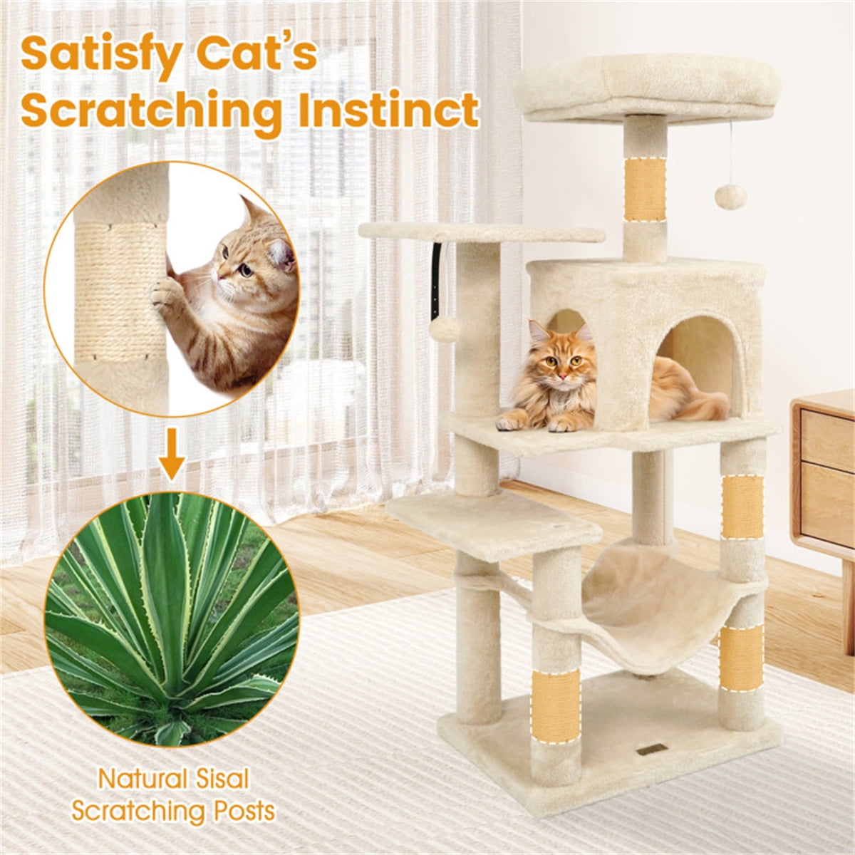ZephyPaws Cat Tree with Scratching Post for Indoor Cats, 44" Tall Plush Multi-Level Cat Climbing Tower Condo House with Large Hammock, Spacious Cat Cave & Big Padded Top Perch Bed, Beige